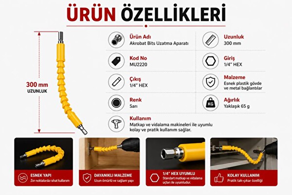 Bay-Tec MU2220 Akrobat Bits Uzatma Aparatı 300 MM Esnek Dar Alanlar için Matkap ve Vidalama Ucu