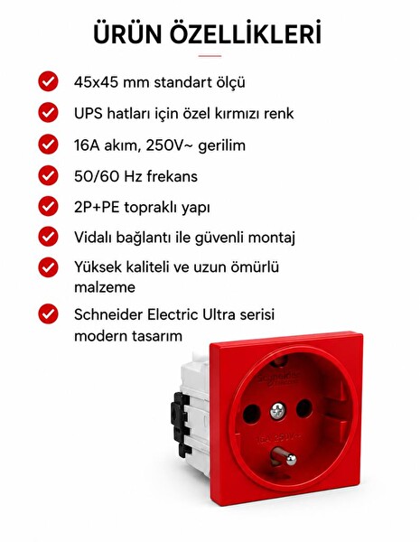 Schneider Electric Ultra ETK21046E UPS Prizi Kırmızı 45x45 MM 16A 250V 2P-PE Vidalı Bağlantı Masa Üstü Topraklı Priz