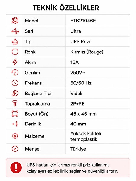 Schneider Electric Ultra ETK21046E UPS Prizi Kırmızı 45x45 MM 16A 250V 2P-PE Vidalı Bağlantı Masa Üstü Topraklı Priz