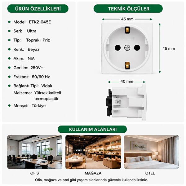 Schneider Electric Ultra ETK21045E Topraklı Priz Beyaz 16A 250V 45x45 Vidalı Bağlantı Çocuk Korumalı Masa Üstü Priz