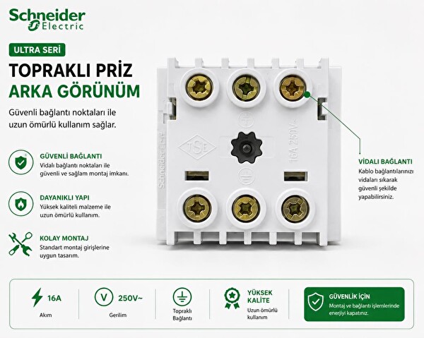 Schneider Electric Ultra ETK21045E Topraklı Priz Beyaz 16A 250V 45x45 Vidalı Bağlantı Çocuk Korumalı Masa Üstü Priz