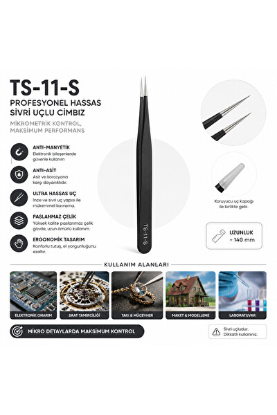 Piyatech TS-11-S Profesyonel Hassas Sivri Uçlu Paslanmaz Çelik Cımbız Anti-Manyetik Elektronik Ve Hobi Cımbızı