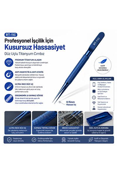 Piyatech RT-11C Profesyonel Hassas Düz Uçlu Titanyum Alaşım Elektronik Tamir Cımbızı