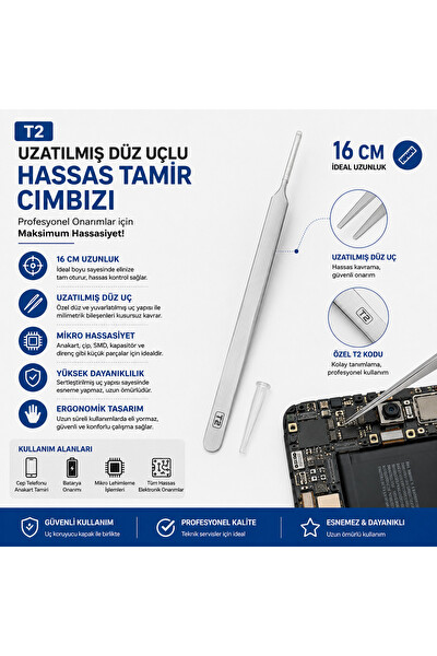Piyatech T2 - 16 CM Uzatılmış Cep Telefonu Anakart Ve Batarya Onarım Düz Uçlu Hassas Tamir Cımbızı