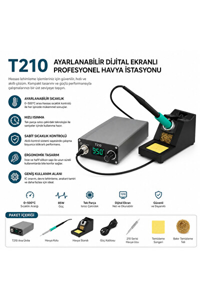 Piyatech T210 85W Ayarlanabilir Sabit Sıcaklık Dijital Ekranlı Profesyonel Havya Lehim İstasyonu