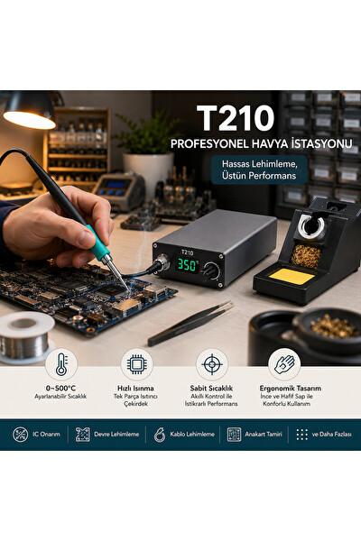 Piyatech T210 85W Ayarlanabilir Sabit Sıcaklık Dijital Ekranlı Profesyonel Havya Lehim İstasyonu
