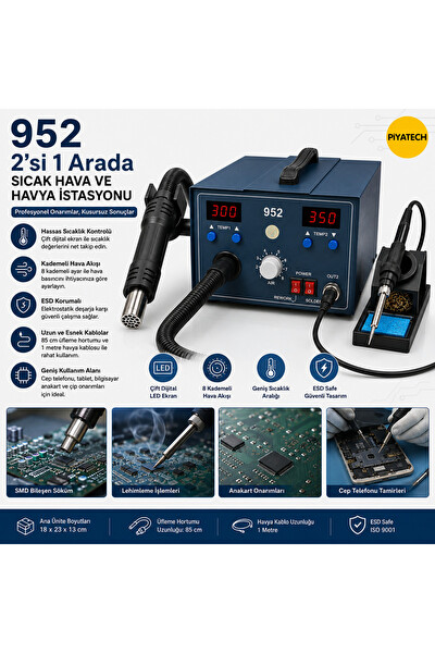 Piyatech 952 Model 2'si 1 Arada Çift Ekranlı Dijital Sıcak Hava Üfleme - Lehim Havya İstasyonu Tamir Seti
