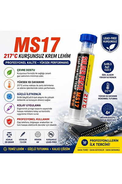 Piyatech MS17 Kurşunsuz Şırınga Krem Lehim Solder Paste 217 Derece 20G 7.5CM