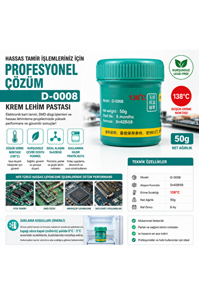 Piyatech D-0008 138 Derece Düşük Sıcaklık Kurşunsuz Krem Sıvı Lehim Macunu - Pastası Sn42Bi58 50GR