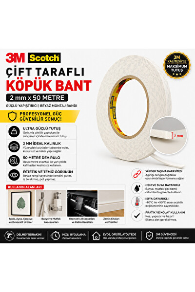 Piyatech Scotch Çift Taraflı Köpük Bant 2MM x 50M Beyaz