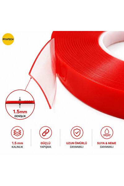 Piyatech Kırmızı Şeffaf Çift Taraflı Silikon Bant 1.5MM x 50M