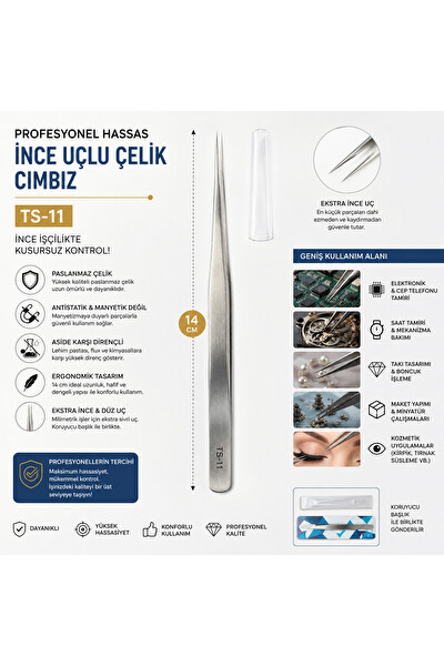 Piyatech TS-11 Hassas İnce Düz Uçlu Antistatik Paslanmaz Çelik Cımbız 14CM