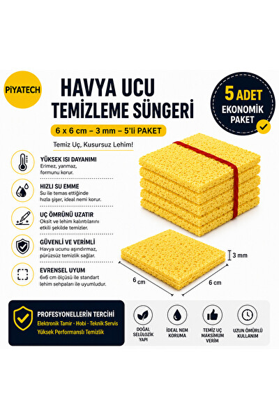 Piyatech Havya Temizleme Süngeri 6x6 CM Lehim Ucu Temizleyici Sünger 3 MM 5'li Paket