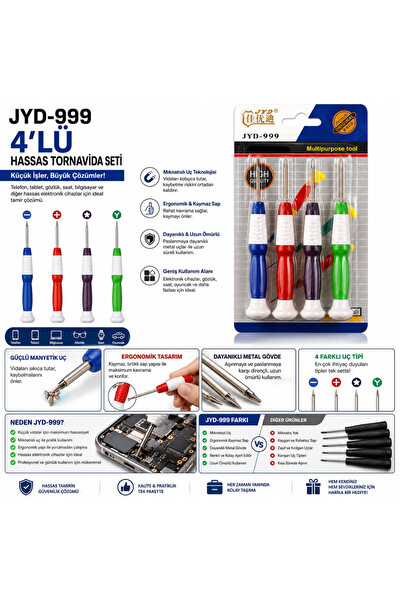 Piyatech Jyd-999 4'lü Hassas Mıknatıslı Telefon Bilgisayar Gözlük Saat Tamir Kiti Çok Amaçlı Tornavida Seti
