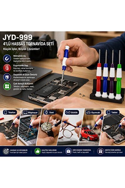 Piyatech Jyd-999 4'lü Hassas Mıknatıslı Telefon Bilgisayar Gözlük Saat Tamir Kiti Çok Amaçlı Tornavida Seti