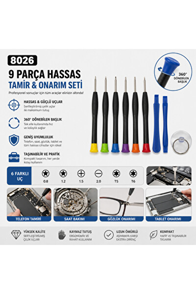 Piyatech 8026 Model 9 Parça Hassas Telefon Gözlük Saat Elektronik Tamir Ekran Sökme Onarım Kiti Tornavida Seti