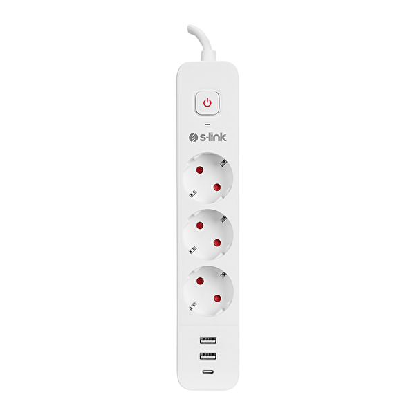 S-Link SPG03TC 1.5 MM Bakır 750 USB Type-C Joule 3'lü Anahtarlı Akım Korumalı Beyaz Priz