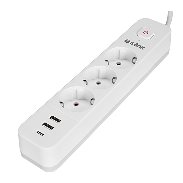 S-Link SPG03TC 1.5 MM Bakır 750 USB Type-C Joule 3'lü Anahtarlı Akım Korumalı Beyaz Priz
