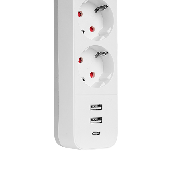 S-Link SPG03TC 1.5 MM Bakır 750 USB Type-C Joule 3'lü Anahtarlı Akım Korumalı Beyaz Priz