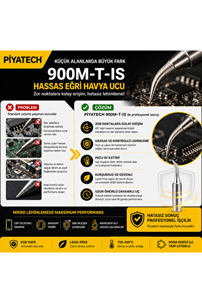 Piyatech 900M-T-IS Mikro Lehimleme Havya Ucu Eğri Tip Kurşunsuz Hassas Tamir Ucu