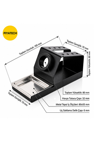 Piyatech Sünger Yuvalı Metal Havya Sehpası ve Lehimleme Standı - 16x7x7.5 CM Siyah