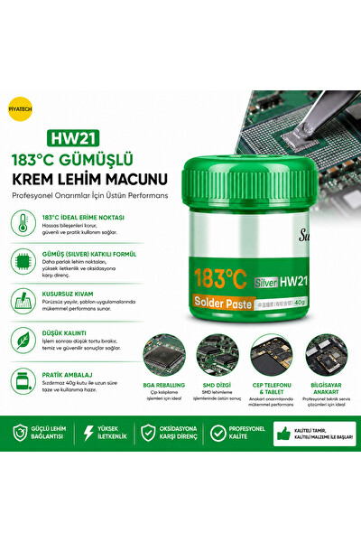 Piyatech HW21 183 Derece Gümüşlü Lehim Pastası 40 GR Krem Lehim Macunu - Elektronik Tamir İçin
