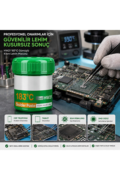 Piyatech HW21 183 Derece Gümüşlü Lehim Pastası 40 GR Krem Lehim Macunu - Elektronik Tamir İçin
