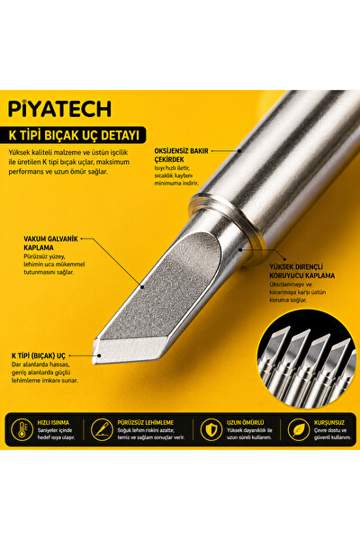 Piyatech 936 Uyumlu K Tipi Lehimleme Havya Ucu 5'li Set - Oksijensiz Bakır Kurşunsuz
