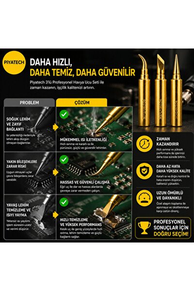 Piyatech 900M Serisi 3'lü Havya Ucu Seti - Düz Eğri Kesik Tip Mikro Lehimleme Ucu