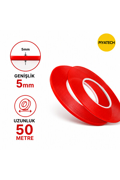Piyatech Kırmızı Şeffaf Çift Taraflı Silikon Bant 5 MM x 50 M