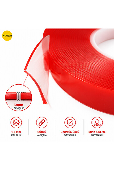 Piyatech Kırmızı Şeffaf Çift Taraflı Silikon Bant 5 MM x 50 M