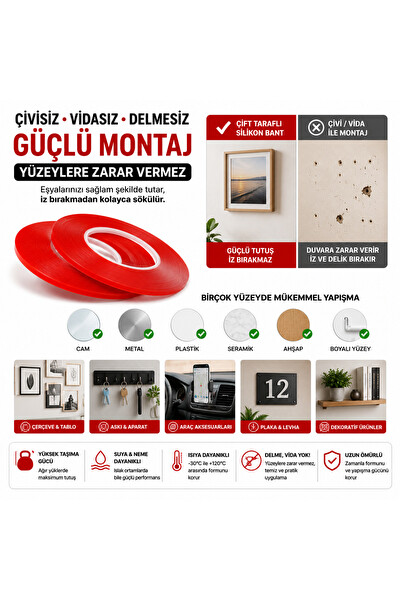 Piyatech Kırmızı Şeffaf Çift Taraflı Silikon Bant 5 MM x 50 M