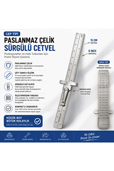 Piyatech Paslanmaz Klipsli Cep Cetveli 15 CM