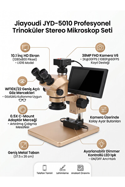 Piyatech Jiayoudi JYD-5010 Trinoküler Stereo Mikroskop Seti - Lehim Tamir İstasyonu
