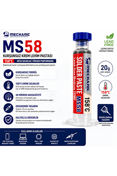 Piyatech MS58 Kurşunsuz Şırınga Krem Lehim Pastası 158 Derece 20 GR