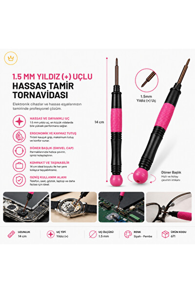 Piyatech Cep Telefonu Tamir Tornavidası 1.5 MM Yıldız + Uçlu 14 CM NO:671 Pembe Siyah