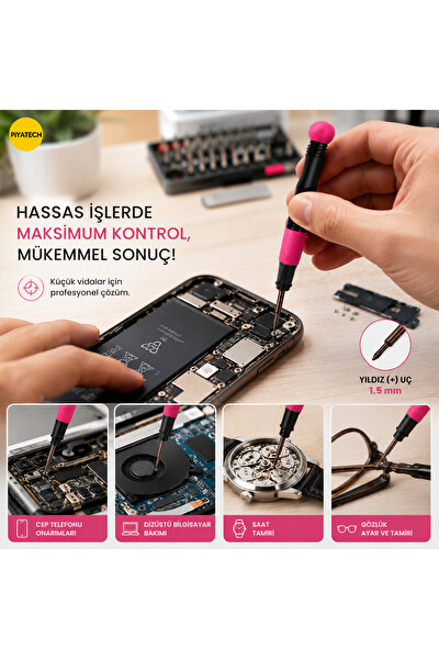 Piyatech Cep Telefonu Tamir Tornavidası 1.5 MM Yıldız + Uçlu 14 CM NO:671 Pembe Siyah