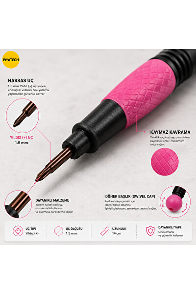Piyatech Cep Telefonu Tamir Tornavidası 1.5 MM Yıldız + Uçlu 14 CM NO:671 Pembe Siyah