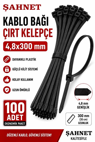 Şahnet 4.8x300 MM Siyah Kablo Bağı Çırt Kelepçe Plastik Kablo Toplama Bağı 100 Adet