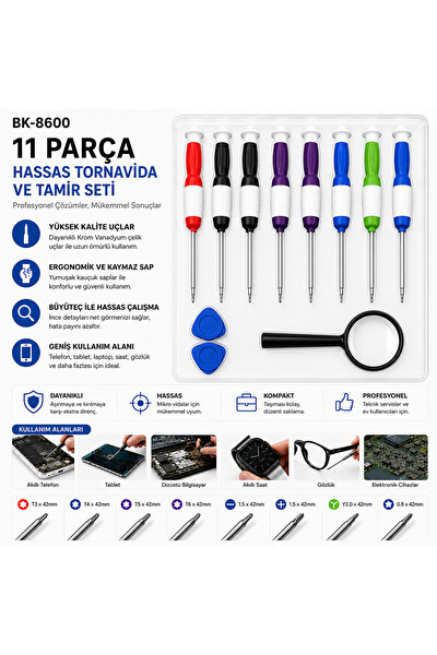 Piyatech BK-8600 11 Parça Büyüteçli Tornavida Seti