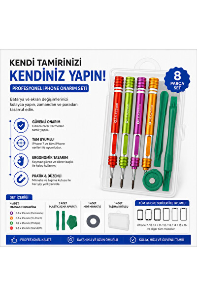 Piyatech N6666 iPhone Uyumlu 8 Parça Tornavida Seti 0.6y 0.8 Uç 1.5 Yıldız 2.5 Uç