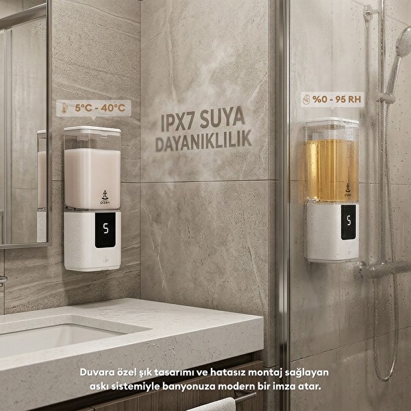 Pizen Aqua Şarjlı Otomatik Sensörlü Sıvı Sabunluk 5 Kademeli Akış IPX7 Suya Dayanıklı Dijital Ekran Dispenseri