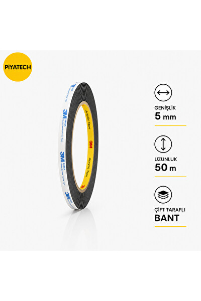 Piyatech 3M Scotch Çift Taraflı Bant 5MM x 50 M Güçlü Yapıştırıcı Siyah Akrilik Bant