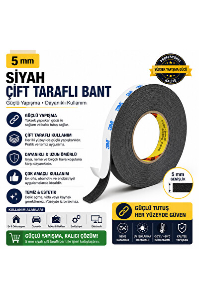 Piyatech 3M Scotch Çift Taraflı Bant 5MM x 50 M Güçlü Yapıştırıcı Siyah Akrilik Bant
