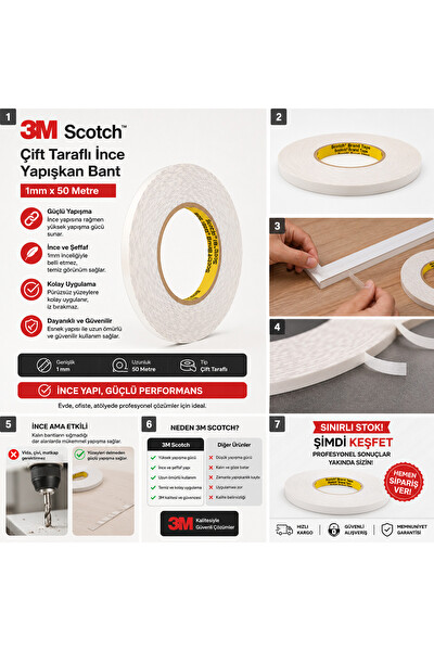 Piyatech Çift Taraflı Bant 1 MM x 50 M Güçlü Beyaz Yapıştırıcı Bant