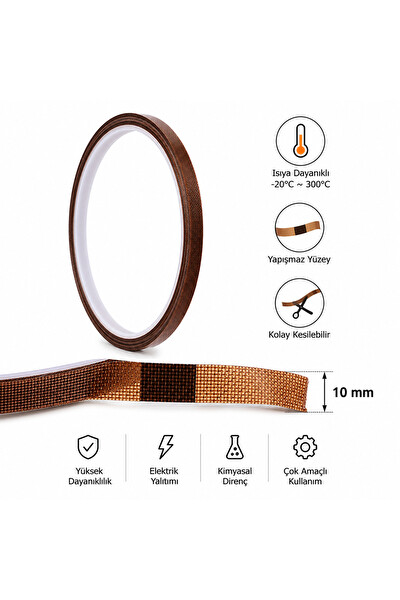 Piyatech PTFE 10 MM x 10 M Teflon Cam Elyaf 300 Derece Isıya Dayanıklı Yapışkan Bant