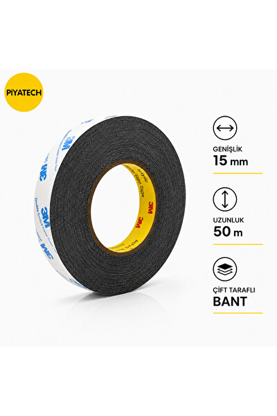 Piyatech 3M Scotch Çift Taraflı Bant 15 MM x 50 M Güçlü Yapıştırıcı Siyah Akrilik Bant