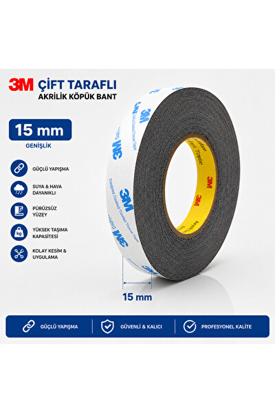 Piyatech 3M Scotch Çift Taraflı Bant 15 MM x 50 M Güçlü Yapıştırıcı Siyah Akrilik Bant