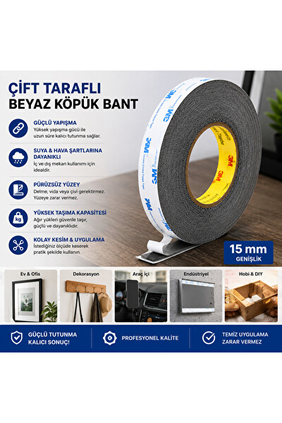 Piyatech 3M Scotch Çift Taraflı Bant 15 MM x 50 M Güçlü Yapıştırıcı Siyah Akrilik Bant