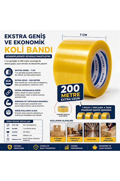 Piyatech Ekstra Geniş Koli Bandı 7 CM x 200 M Uzun Ambalaj Ve Kargo Bandı